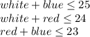 white + blue \leq 25\\ white + red \leq 24\\ red + blue \leq 23\\