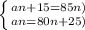 \left \{ {{an+15=85n)} \atop {an=80n+25)}} \right.