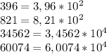 396=3,96*10 ^{2} \\ 821=8,21*10 ^{2} \\ 34562=3,4562*10 ^{4} \\ 60074=6,0074*10 ^{4}