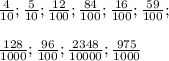 \frac{4}{10} ; \frac{5}{10} ; \frac{12}{100} ; \frac{84}{100}; \frac{16}{100} ; \frac{59}{100} ; \\ \\ \frac{128}{1000} ; \frac{96}{100} ; \frac{2348}{10 000} ; \frac{975}{1000}