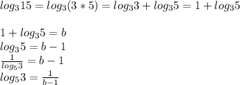 log_315=log_3(3*5)=log_33+log_35=1+log_35\\\\1+log_35=b\\log_35=b-1\\\frac{1}{log_53}=b-1\\log_53=\frac{1}{b-1}