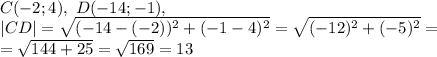 C(-2;4), \ D (-14;-1), \\ |CD|=\sqrt{(-14-(-2))^2+(-1-4)^2}=\sqrt{(-12)^2+(-5)^2}=\\=\sqrt{144+25}=\sqrt{169}=13