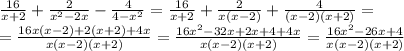 \frac{16}{x+2}+\frac{2}{x^2-2x}-\frac{4}{4-x^2}=\frac{16}{x+2}+\frac{2}{x(x-2)}+\frac{4}{(x-2)(x+2)}=\\=\frac{16x(x-2)+2(x+2)+4x}{x(x-2)(x+2)}=\frac{16x^2-32x+2x+4+4x}{x(x-2)(x+2)}=\frac{16x^2-26x+4}{x(x-2)(x+2)}