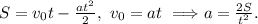 S=v_0t-\frac{at^2}{2},\ v_0=at\ \Longrightarrow a=\frac{2S}{t^2}.