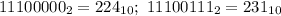 11100000_{2}=224_{10}; \ 11100111_{2}=231_{10}