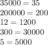 35000=35 \\ 200000=200 \\ 12=1200 \\ 300=30000 \\ 5=5000