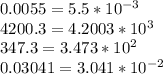 0.0055=5.5*10^{-3}\\4200.3=4.2003*10^3\\347.3=3.473*10^2\\0.03041=3.041*10^{-2}