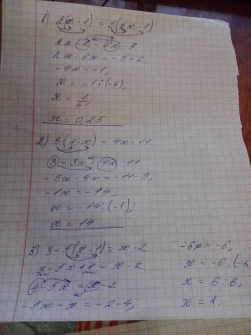 Решите уравнение. 1)2(x-1)=3(2x-1) 2) 3(1-x)=4x-11 3)3-5(x-1)=x-2 4)3(x-2)-2(x-1)=17