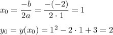 x_0= \dfrac{-b}{2a} =\dfrac{-(-2)}{2\cdot 1} =1\\\\y_0=y(x_0)=1^2-2\cdot 1+3=2