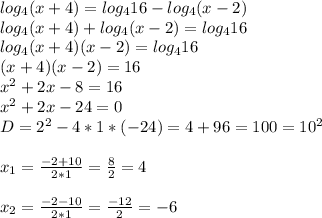 log_4(x+4)=log_416-log_4(x-2)\\log_4(x+4)+log_4(x-2)=log_416\\log_4(x+4)(x-2)=log_416\\(x+4)(x-2)=16\\x^2+2x-8=16\\x^2+2x-24=0\\D=2^2-4*1*(-24)=4+96=100=10^2\\\\x_1= \frac{-2+10}{2*1}= \frac{8}{2}=4\\\\x_2= \frac{-2-10}{2*1}= \frac{-12}{2}=-6