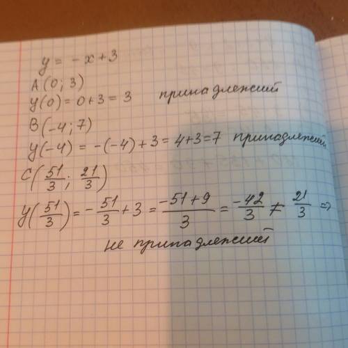 Какие из точек а( 0; 3), в( -4; 7), с(51/3 ; 21/3) принадлежат графику функции y = - x + 3 нужно с о