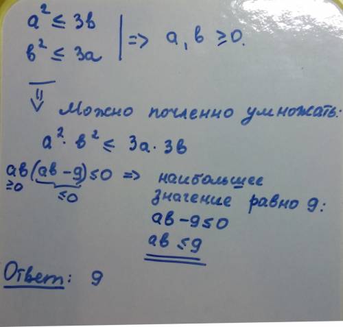 Два числа a и b таковы, что a2 ≤ 3b и b2 ≤ 3a. какое наибольшее значение может принимать произведени