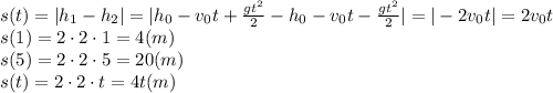 s(t)=|h_1-h_2|=|h_0-v_0t+ \frac{gt^2}{2} -h_0-v_0t- \frac{gt^2}{2}|=|-2v_0t |=2v_0t \\&#10;s(1)=2\cdot2\cdot1=4(m)\\\ s(5)=2\cdot2\cdot5=20(m)\\\ s(t)=2\cdot2\cdot t=4t(m)