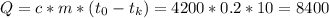 Q = c*m*( t_{0} - t_{k} ) = 4200*0.2*10=8400