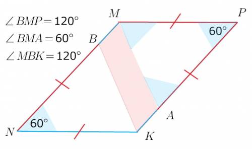 На сторонах pk и mn параллелограмма mpkn взяты точки a и b соответственно,mp=pa=bh,угол mpa=60*. най