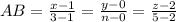 AB= \frac{x-1}{3-1}= \frac{y-0}{n-0} = \frac{z-2}{5-2}