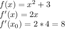 f(x)=x^2+3\\f'(x)=2x\\f'(x_0)=2*4=8