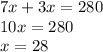 7x+3x=280 \\ 10x=280 \\ x=28