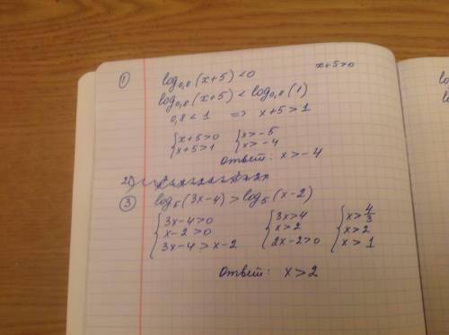 1.log0,8(x+5)< 0 2.log0,2(x^2-x-2)> log0,2(-x^2+2x+3) 3.log5(3x-4)> log5(x-2)