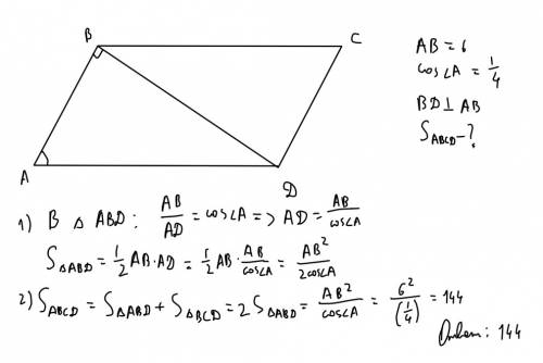 Впараллелограмме abcd сторона ab=6, сos угла a=1\4. найдите площадь параллелограмма,если диагональ b