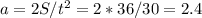 a=2S/t^2=2*36/30=2.4