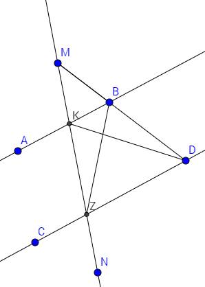 Прямые ab и cd пересечены третьей прямой mn в точках k и z так,что точка а и с находятся в одной пол