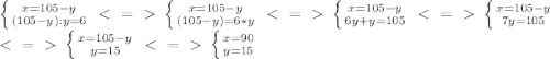 \left \{ {{x=105-y} \atop {(105-y):y=6}} \right. \ \textless \ =\ \textgreater \ \left \{ {{x=105-y} \atop {(105-y)=6*y}} \right.\ \textless \ =\ \textgreater \ \left \{ {{x=105-y} \atop {6y+y=105}} \right.\ \textless \ =\ \textgreater \ \left \{ {{x=105-y} \atop {7y=105}} \right. \\ \ \textless \ =\ \textgreater \ \left \{ {{x=105-y} \atop {y=15}} \right.\ \textless \ =\ \textgreater \ \left \{ {{x=90} \atop {y=15}} \right.