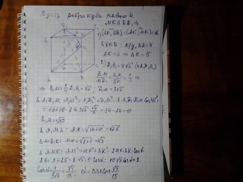 На ребре куба авсdа1в1с1d1 взята точка к так, что bk: kb1=3: 1. найти угол между прямыми ak и bd1