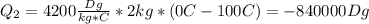 Q_2=4200 \frac{Dg}{kg*C}*2kg*(0C-100C)=-840000Dg