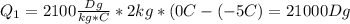 Q_1=2100 \frac{Dg}{kg*C}*2kg*(0C-(-5C)=21000Dg