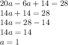 20a-6a+14=28 \\ 14a+14=28 \\ 14a=28-14 \\ 14a=14 \\ a=1