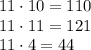 11\cdot 10=110\\11\cdot 11=121\\11\cdot 4=44