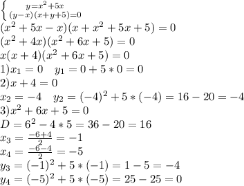 \left \{ {{y=x^2+5x} \atop {(y-x)(x+y+5)=0}} \right. \\&#10;(x^2+5x-x)(x+x^2+5x+5)=0\\&#10;(x^2+4x)(x^2+6x+5)=0\\&#10;x(x+4)(x^2+6x+5)=0\\&#10;1) x_1=0 \ \ \ y_1=0+5*0=0\\&#10;2)x+4=0\\&#10;x_2=-4 \ \ \ y_2=(-4)^2+5*(-4)=16-20=-4\\&#10;3)x^2+6x+5=0\\&#10;D=6^2-4*5=36-20=16\\&#10;x_3=\frac{-6+4}{2}=-1 \ \ \\&#10;x_4=\frac{-6-4}{2}=-5\\&#10;y_3=(-1)^2+5*(-1)=1-5=-4\\&#10;y_4=(-5)^2+5*(-5)=25-25=0&#10;