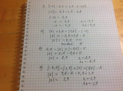 Решите уравнение 1) |-x| - 9,3 = 1,8 - |-3,2 2) |x| + 3,2 = |1,6| - |-7| 3) 6,5 - |x| = |-8,6| - 5 4