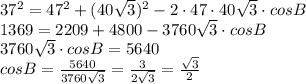 37^{2} = 47^{2} + (40 \sqrt{3} )^{2} -2\cdot47\cdot40 \sqrt{3}\cdot cos B \\ 1369=2209+4800-3760 \sqrt{3}\cdot cos B \\ 3760 \sqrt{3}\cdot cos B=5640 \\ cos B= \frac{5640}{3760 \sqrt{3}} = \frac{3}{2 \sqrt{3}}= \frac{ \sqrt{3}}{2}