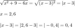 \sqrt{x^2+9-6x}= \sqrt{(x-3)^2}=|x-3|\\\\x=2,6\\\\|x-3|=|2,6-3|=|-0,4|=0,4