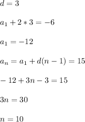 d=3 \\\\&#10;a_1+2*3=-6 \\\\&#10;a_1=-12 \\\\&#10;a_n=a_1+d(n-1)=15 \\\\&#10;-12+3n-3=15 \\\\&#10;3n=30 \\\\&#10;n=10