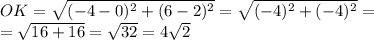 OK= \sqrt{(-4-0)^2+(6-2)^2}=\sqrt{(-4)^2+(-4)^2}=\\ =\sqrt{16+16}= \sqrt{32}=4\sqrt{2}