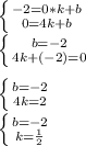 \left \{ {{-2=0*k+b} \atop {0=4k+b}} \right. \\ \left \{ {{b=-2} \atop {4k+(-2)=0}} \right. \\ \\ \left \{ {{b=-2} \atop {4k=2}} \right. \\ \left \{ {{b=-2} \atop {k= \frac{1}{2} }} \right.