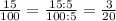 \frac{15}{100}=\frac{15:5}{100:5}=\frac{3}{20}