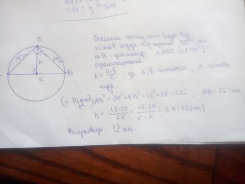 Відстані від точки кола до кінців хорди, яку видно під кутом 90 градусів дорівнюють 15 см і 20 см. о