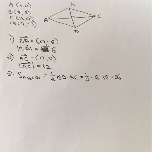 Точка a (1; 0) b (7; 3) c(13; 0) d(7; -3) являются вершинами ромба abcd найти площадь этого ромба​