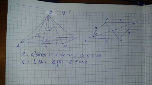 Основанием пирамиды является ромб с острым углом 30 градусов и стороной 4 см. рассчитать о бьем пира