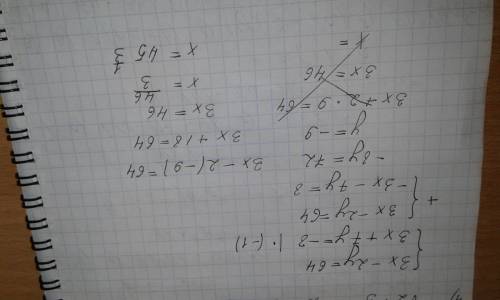 Решите систему уравнений методом сложения: 3x-2y=64, 3x+7y=-8