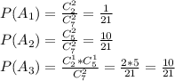 P(A_1)=\frac{C_2^2}{C_7^2}=\frac{1}{21}\\P(A_2)=\frac{C_5^2}{C_7^2}=\frac{10}{21}\\P(A_3)=\frac{C_2^1*C_5^1}{C_7^2}=\frac{2*5}{21}=\frac{10}{21}