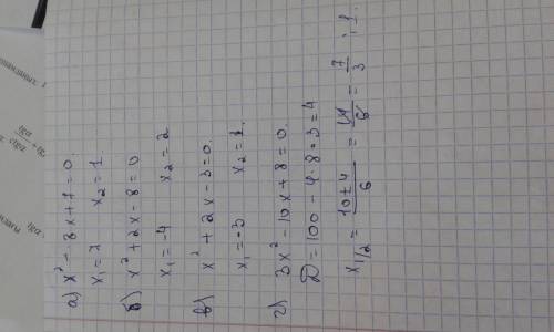 A) x^2-8x+7= 0 б)x^2+2x-8=0 а) б) в) решить по теореме виета в)x^2+2x-3=0 г)3x^2-10x+8=0 г) решить ч