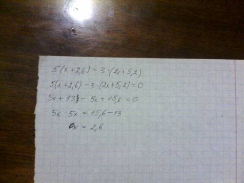 Как решить это пример 5 ( x + 2,6 ) = 3 × ( 2x + 5,2 )