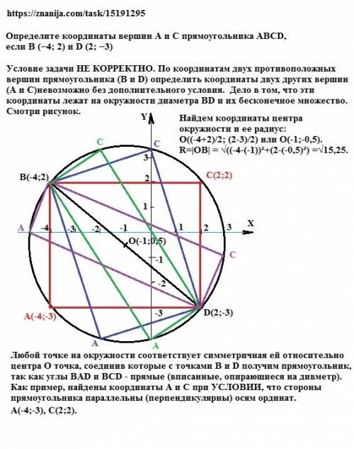 Определите координаты вершин а и с прямоугольника abcd, если в (−4; 2) и d (2; −3)