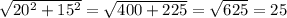 \sqrt{20^2+15^2}= \sqrt{400+225} =\sqrt{625} =25