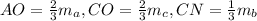 AO= \frac{2}{3}m_{a}, CO= \frac{2}{3}m_{c}, CN= \frac{1}{3}m_{b}